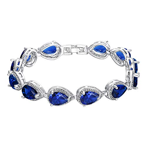 EVER FAITH Women's Prong CZ September Birthstone Teardrop Tennis Bracelet Sapphire Color Silver-Tone
