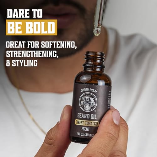 Image of Viking Revolution Sweet Tobacco Beard Oil for Men - Natural Mens Beard Oil with Argan Oil and Jojoba Oil - Beard Softener, Strengthens and Moisturizes - Beard Conditioner for Men (Sweet Tobacco,1Pack)
