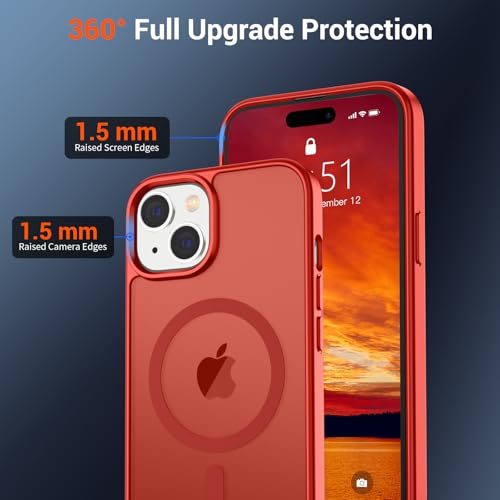 Image of SUPFINE Magnetic for iPhone 15 Case (Compatible with MagSafe) (Military Grade Drop Protection) Slim Translucent Matte Shockproof with Anti-Fingerprint Phone Case, Red