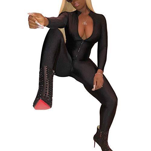 ECHOINE Women's Sexy Zip Up One Piece Outfits Deep V-Neck Long Sleeve Bodycon Long Pants Party Clubwear Jumpsuit Romper Black L
