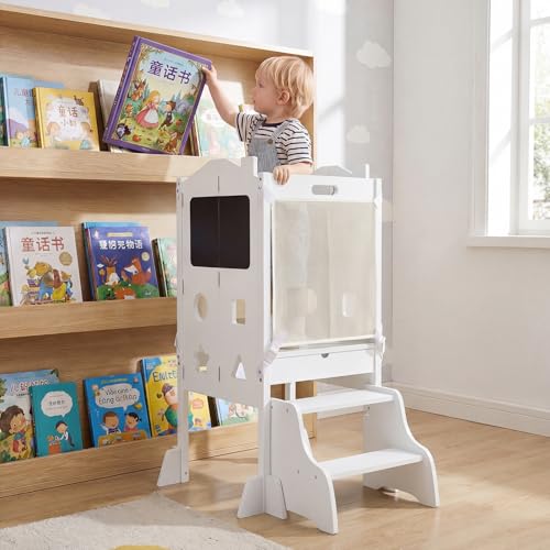 Image of Costzon Folding Toddler Step Stool with Chalkboards, 4-in-1 Standing Kitchen Tower w / 2-Step Stool, Safety Nets & Anti-Tip Feet, Wooden Toddler Tower Foldable for Boys & Girls Aged 2+ (White)