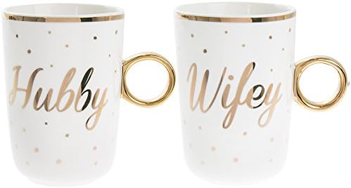 Set of 2 Fine China Stacking Tea / Coffee Mugs - HUBBY & WIFEY Newly Wed / 50th Wedding / Golden Wedding Anniversary Gift.... - Gold Polka Dot Detail & Handle