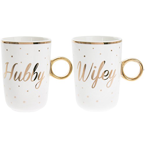 Set of 2 Fine China Stacking Tea / Coffee Mugs - HUBBY & WIFEY Newly Wed / 50th Wedding / Golden Wedding Anniversary Gift.... - Gold Polka Dot Detail & Handle