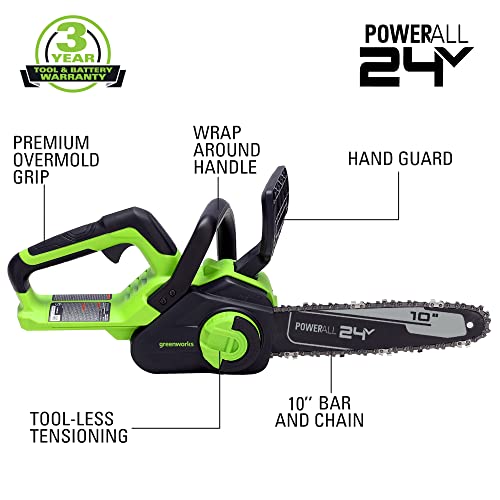 Greenworks 24V 10" Cordless Compact Chainsaw (Great For Storm Clean-Up, Pruning, And Camping), 2.0Ah Battery And Charger Included #TOP1