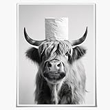 Funny Highland Cow Bathroom Wall Art – Black and White Toilet Roll Canvas Print, Whimsical Farmhouse Cow Poster for Rustic Bathroom or Toilet Decor 12x16in Unframed
