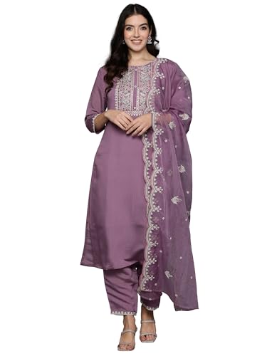 Image of INDO ERA Women's Silk Blend Embroidered Straight Kurta & Pant with Dupatta Set (SHUTR7630)