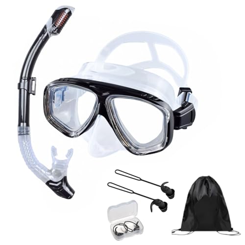 HSTWODE Set de esnórquel óptico con visión, dioptrías: 0 a -9, juego de buceo para adultos con tapones para los oídos y bolsa de almacenamiento, esnórquel seco, lente de cristal templado (negro