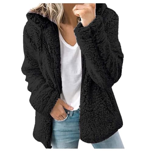 Archedeer Fleecejacke Damen mit Kapuze Winter Warm Super Weich und bequem Flanell Kapuzenpullover Teddyjacke Sweatshirt Reißverschluss Langarm Oberteile Top Frauen Mantel Kapuzenjacke,Schwarz,L
