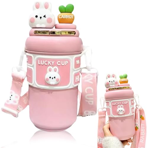 Botella de agua Kawaii, botella de aislamiento de agua de acero inoxidable de 19 oz con paja y correa ajustable, lindas botellas de agua a prueba de fuga de conejo para niñas deportivas de campamento