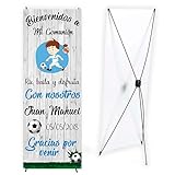 Cartel Comunión Futbol niño con Soporte 60 x 160 cm. Decoración comunión, Photocall Personalizado con Nombre y Fecha. Fabricación Española, Banner de Bienvenida