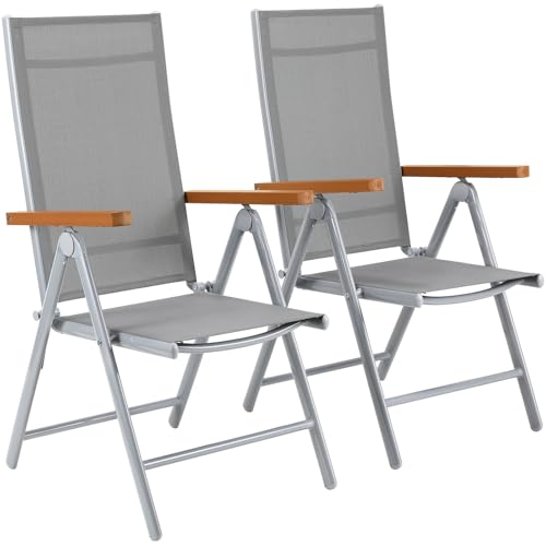 LIFERUN Gartenstühle Alu, Gartenstuhl Hochlehner Klappbar mit 7-Fach Verstellbar Rückenlehne, Teakbraun WPC Armlehnen, Balkonstühle bis 120kg, Leicht Campingstühle, Komfortabel Wetterfest 2pcs