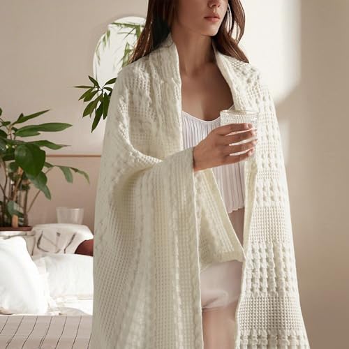 Image of PHF 100% Cotton Waffle Throw Blanket for Couch, Lightweight Breathable and Soft for Summer, Luxury Aesthetic Waffle Weave Blanket for Home Decor & Office, Gifts for Women, 50 inchx60 inch, Ivory