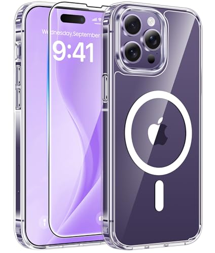 Image of FNTCASE for iPhone 14 Pro Max Case: [Compatible with Magsafe] [Screen Protector] Anti Yellowing Transparent Clear Magnetic Phone Cover - Military Grade Shockproof Drop Proof Protective Cases - Clear