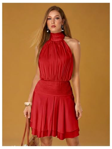 Image of Floerns Women's Summer Mini Dress Sleeveless Halter Backless Ruched Date Night Layered A Line Dresses