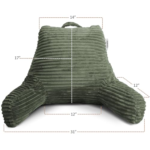 Image of Nestl Reading Pillow with Shredded Memory Foam, Luxe Cut Plush Back Pillow for Sitting Up in Bed, Back and Arms Adjustable Support for Adult & Teens, Backrest Pillows with Washable Cover Olive Green