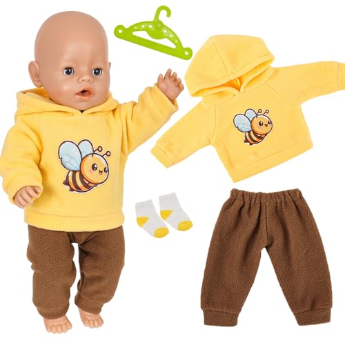 Baby Puppen Puppenkleidung 35-43 cm, 4 Stück Kleidung für 14-18 Zoll Baby Puppen, 1 Biene Hoodie 1 Braun Hose 1 Paar Socken 1 Hänger Süße Cartoon Puppenkleidung Geschenke für Kinder Mädchen Jungen