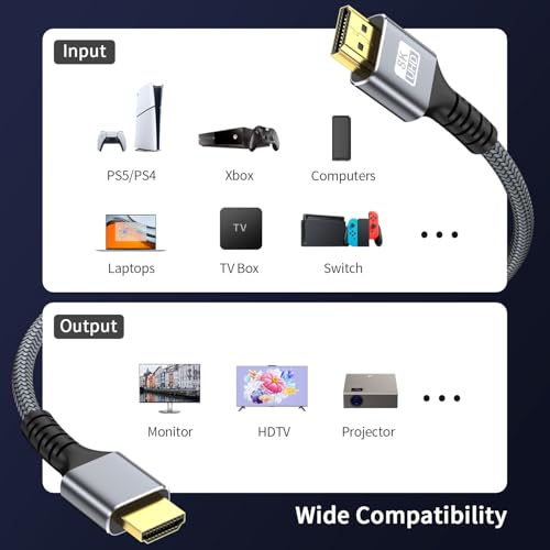 Image of 8k Hdmi Cable 6.6ft Ultra High Speed HDMI 2.1 Cable 8K@60HZ 4K@120HZ 48Gbps HDMI Cord for HDTV,PS4,PS5,Monitor Laptop,Xbox,HDCP 2.2&2.3 Support HDR,eARC,Dolby.(Silvery)