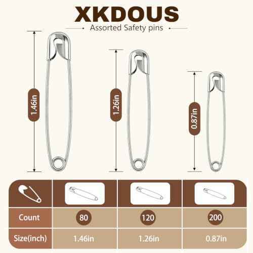 Image of XKDOUS 400 Pack Safety Pins for Clothes, 3 Assorted Size Heavy Duty Pins | Small & Large Safety Pin, Sharp Edge Pins Bulk, Fasteners for Clothing, Sewing, Crafting