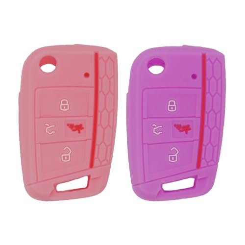 2pcs 4 Buttons Soft Silicone Car Key Fob Cover Case Protector Shell for 2020 2019 2018 2017 VW Golf Alltrack Sportwagen GTI Tiguan Atlas Polo Skoda Octavia Flip Out Keyless Entry Key Fob, Pink Purple