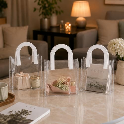 Image of SATYAM KRAFT 6 Pcs Transparent Reusable Leather Goodie Bags | Elegant Gift Bags for Her /Him Wedding Return Favors, Engagement Hampers, Marriage, Birthday & Festival Gifting | Handle Hamper Shopping Carry Bags (U-shaped White - Small)