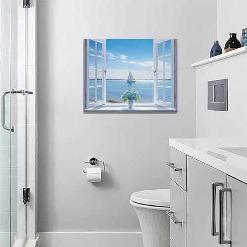 Ocean Bathroom Decor Wall Art Coastal Seascape Hydrangea Pictures Wall Decor Window View Sea Canvas Prints Blue Sky Sailboat Painting Modern Artwork Home Decoration for Bedroom Living Room 16"x12" - Image 5