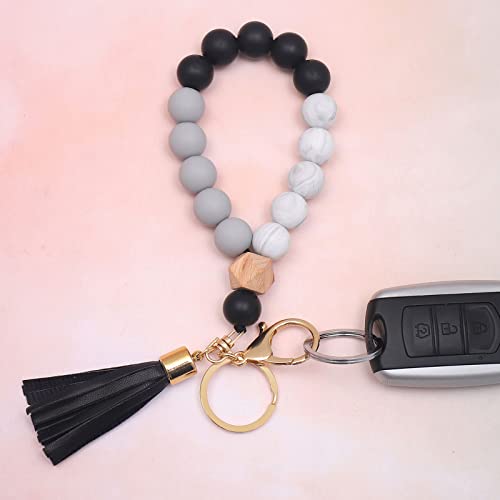 Image of BAOSIWA Silicone Key Ring Bracelet Wristlet Keychain Unique Beaded Bangle Key Chains for Women with Leather Tassel