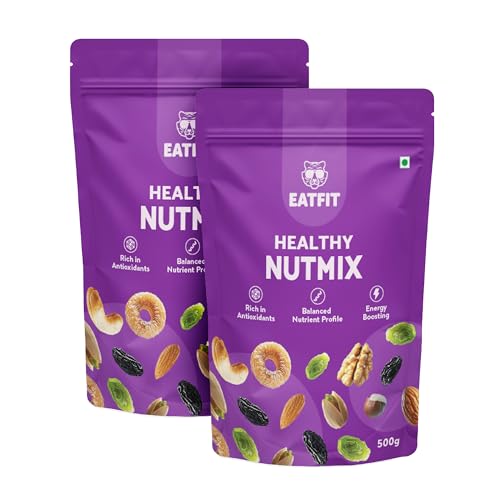 Image of Eatfit Healthy Nutmix 1 KG|Premium Blend of 7 Superfoods|Nuts - Almonds,Cashews,Pistachios,Walnuts|Fruits - Cranberries|Raisins - Green Raisins,Black Raisins|(1 Kg (500G Pack of 2),Healthy Nutmix)