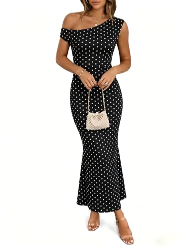 BISUAL Polka Dot Dress for Women Black and White One Shoulder Sleeveless Slim Fit Maxi Dress Beach Vacation Long Sundresses
