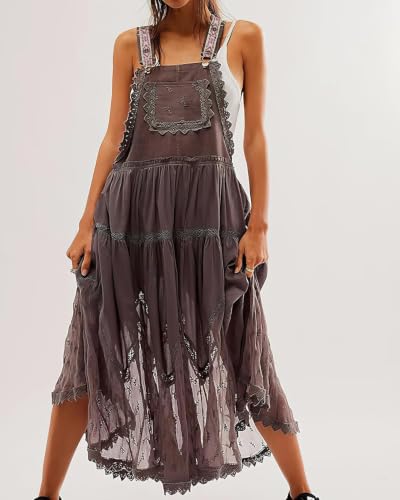 Image of ebossy Women's Laced Embroidered Tulle Bib Dress Casual Loose Adjustable Straps Maxi Dress