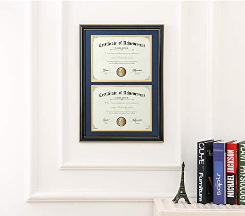 Image of ELSKER&HOME Double Diploma Frame for Two 8.5x11 with Navy Mat,Wood Black | Double Mat, Navy Mat with Golden Rim for Two 8.5x11 Inch with Mat and 13.5x20 Inch Without Mat for Documents Certificates