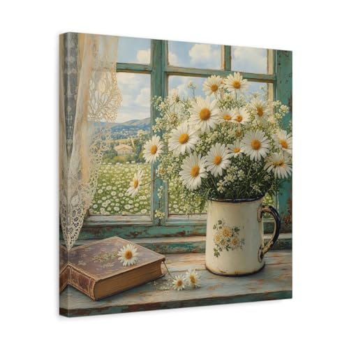 Tableau marguerites de fenêtre 40x40 cm toile carrée pour salon