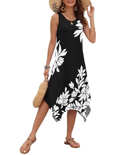 Image of AUSELILY Women's Summer Dresses Casual Sleeveless Midi Dress with Pockets | Crew neck tank dress with asymmetrical hem, ideal for beach, vacation, and daily wear