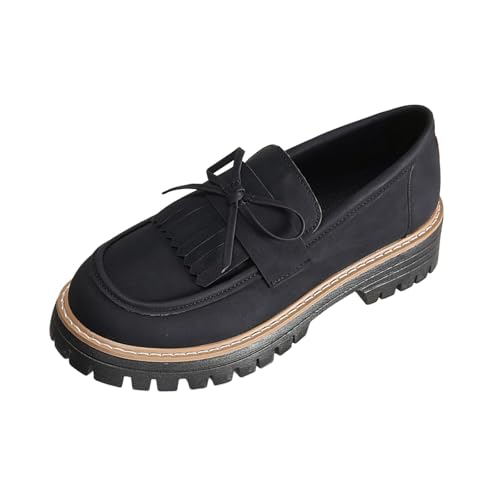 Mocassin Femme Cuir, Mocassins et Loafers Femme Bout Rond, Tige Fermée, Franges Décoratives, Nœud sur l'Empeigne, Semelle Épaisse Crantée | Derbies pour...