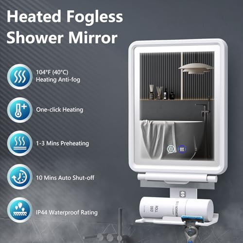Image of Heated Shower Mirror Fogless for Shaving, Anti-Fog Mirror for Shower | 3 Colors Stepless Dimmable Lights, 5000mAh Rechargeable Battery with Razor Holder, No-Drilling, Light Memory Function