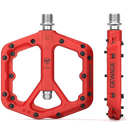 GEWAGE Pedales de Bicicleta de montaña, Pedales Antideslizantes de Fibra de Nailon MTB, Pedales de Bicicleta de 9/16 Pulgadas, Pedales de Plataforma Plana Ligeros y Anchos (rojo1)