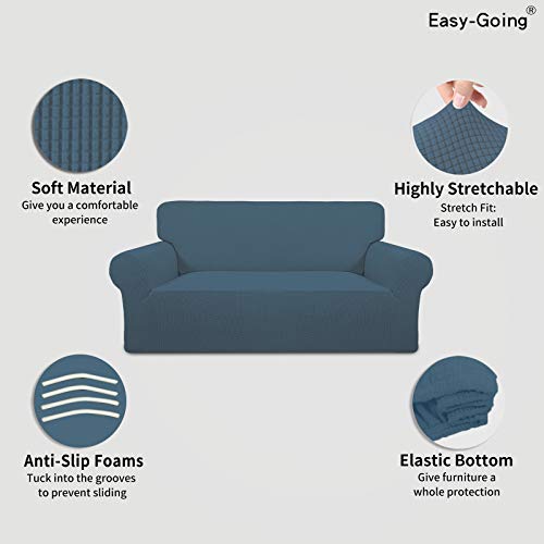 Image of Easy-Going Stretch Oversized Loveseat Slipcover 1-Piece Sofa Cover Furniture Protector Couch Soft with Elastic Bottom for Kids Polyester Spandex Jacquard Fabric Small Checks Bluestone