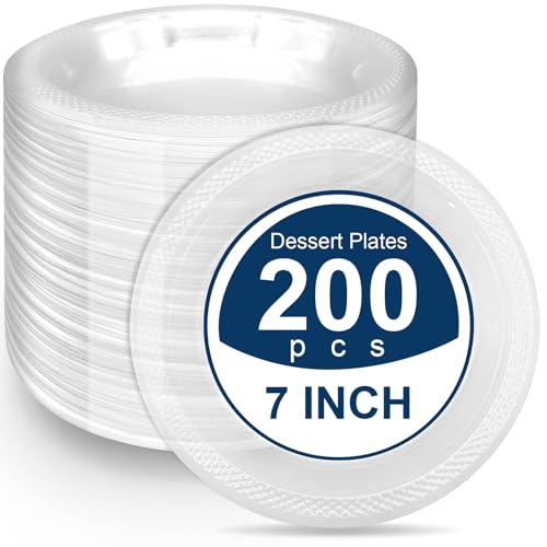 GGYKJSK 200PCS 7 Inch Clear Plastic Plates - Disposable Dessert Plates Small Fancy Dinner Plate Heavy Duty Plastic Party Plates for Thanksgiving Wedding & Events