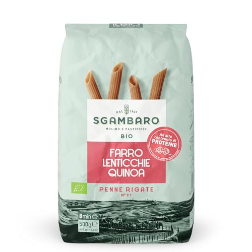Sgambaro Bio Pasta Penne Rigate N.91-500 g mit Dinkelmehl, Linsenmehl und Quinoamehl – Hoher Proteingehalt, Quelle von Ballaststoffen und Eiweiß