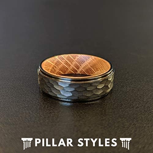 Hammered Whiskey Barrel Ring Tungsten Wedding Band Whiskey Wood Rings for Men Bourbon Barrel Wooden Ring Black Mens Ring