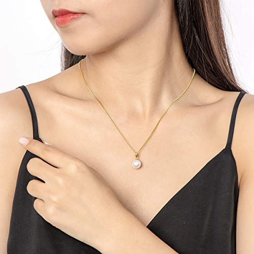 18K Gold Freshwater Cultured White Pearl June Birthstone Necklace 9-10Mm Single Pearl Pendant With Sterling Silver Chain, Pearl Jewelry Gifts For Women Mom Girlfriend - Yellow Gold #TOP4