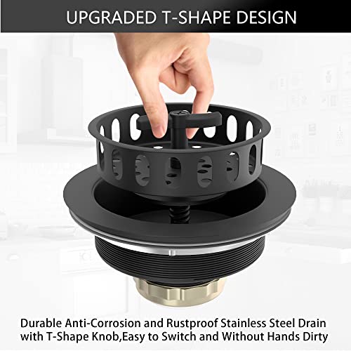 EXAKEY Black Sink Drain 3-1/2 Inch Kitchen Sink Drain Strainer Assembly Kit with Stainless Steel Strainer Basket and Drain Stopper for Standard Kitchen Sink Matte Black