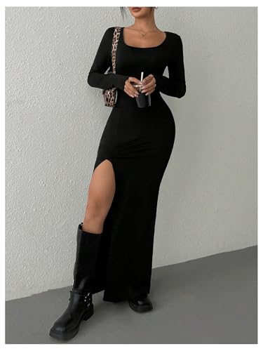 Floerns Women's Long Sleeve Pencil Dress Scoop Neck Slit Hem Bodycon Long Dress3