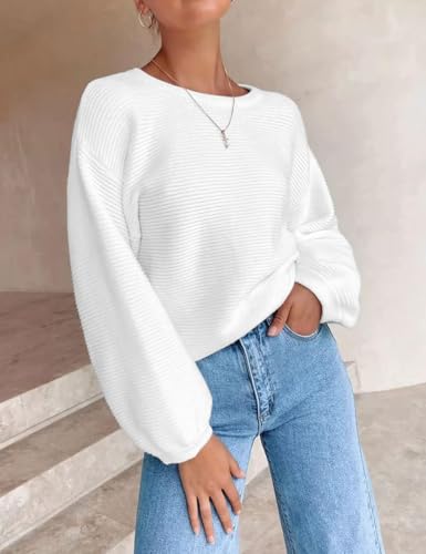 Image of ZESICA Women's Crew Neck Long Lantern Sleeve Fall 2026 Casual Loose Ribbed Knit Solid Soft Pullover Sweater Tops