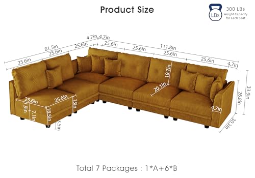 Image of LLappuil Corduroy Modular Sofa Set, 6-Seater Reversible L-Shaped Sectional Couch with Storage, Soft Fabric for Cozy Living Room, Apartment, Included Back Cushions & Throw Pillows, Yellow