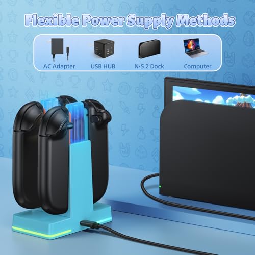 Image of FASTSNAIL Switch 2 Controller Charger Dock for Nintendo Switch 2 for JoyCon | 4-in-1 Fast Switch 2 Joypad Charging Dock Station, 9 RGB Light, Dual-Direction Magnetic Stand for Joycon 2 Accessories, Blue