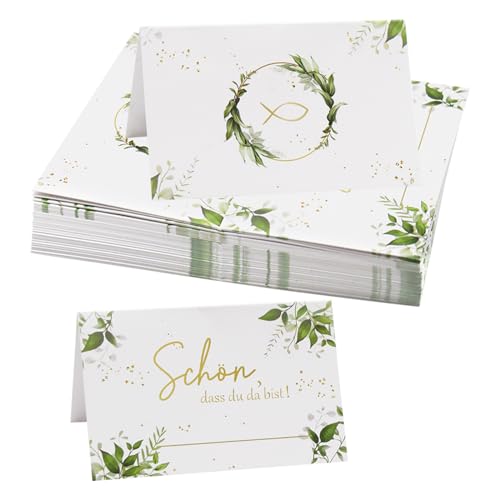 50 tarjetas de mesa de boda, tarjetas de mesa, bautizos, comuniones, confirmaciones, tarjetas de lugar «Schön dass du da bist mit Fisch» eucalipto, tarjetas de nombre para escribir, tarjetas de mesa