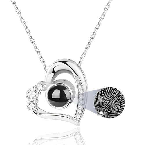 Ticome Projection Necklace Built-In 100 Languages I Love You Personalized Metal Heart-Shaped Projection Necklace Womens Valentines Day Anniversary Birthday Jewelry Gift (Silver)