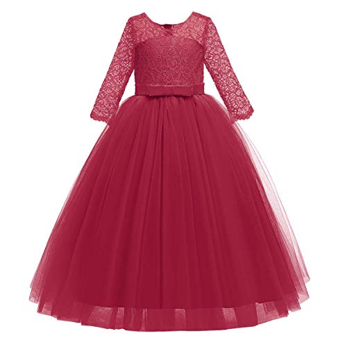 Image of Girls Flower Vintage Floral Lace 3 /4 Sleeves Floor Length Dress Wedding Party Evening Formal Pegeant Dance Gown