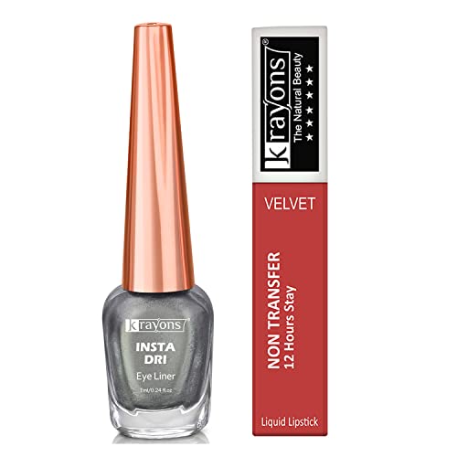 Image of Krayons Insta Dri Sparkling Eyeliner, Silver, 7ml And Power Stay Nontransfer 12hrs Stay Matte Liquid Lipstick, Burnt Orange, 4ml