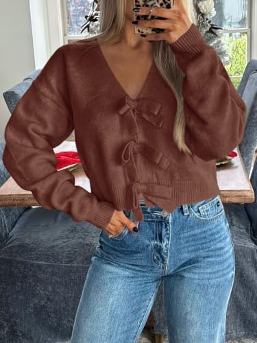 Image of Saodimallsu Womens Bow Sweater Cropped V Neck Long Sleeve Pullover Tops | Soft Cozy Knit, Two-Way Wear Design, Front & Back Bow, Cute Fall Tops 2026, Winter Fashion, Dressy Casual Holiday Outfits